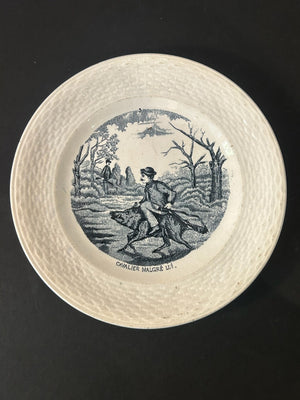 Antique French Transfer Plate Cavalier Malgre Lui Man Riding Boar Basketweave