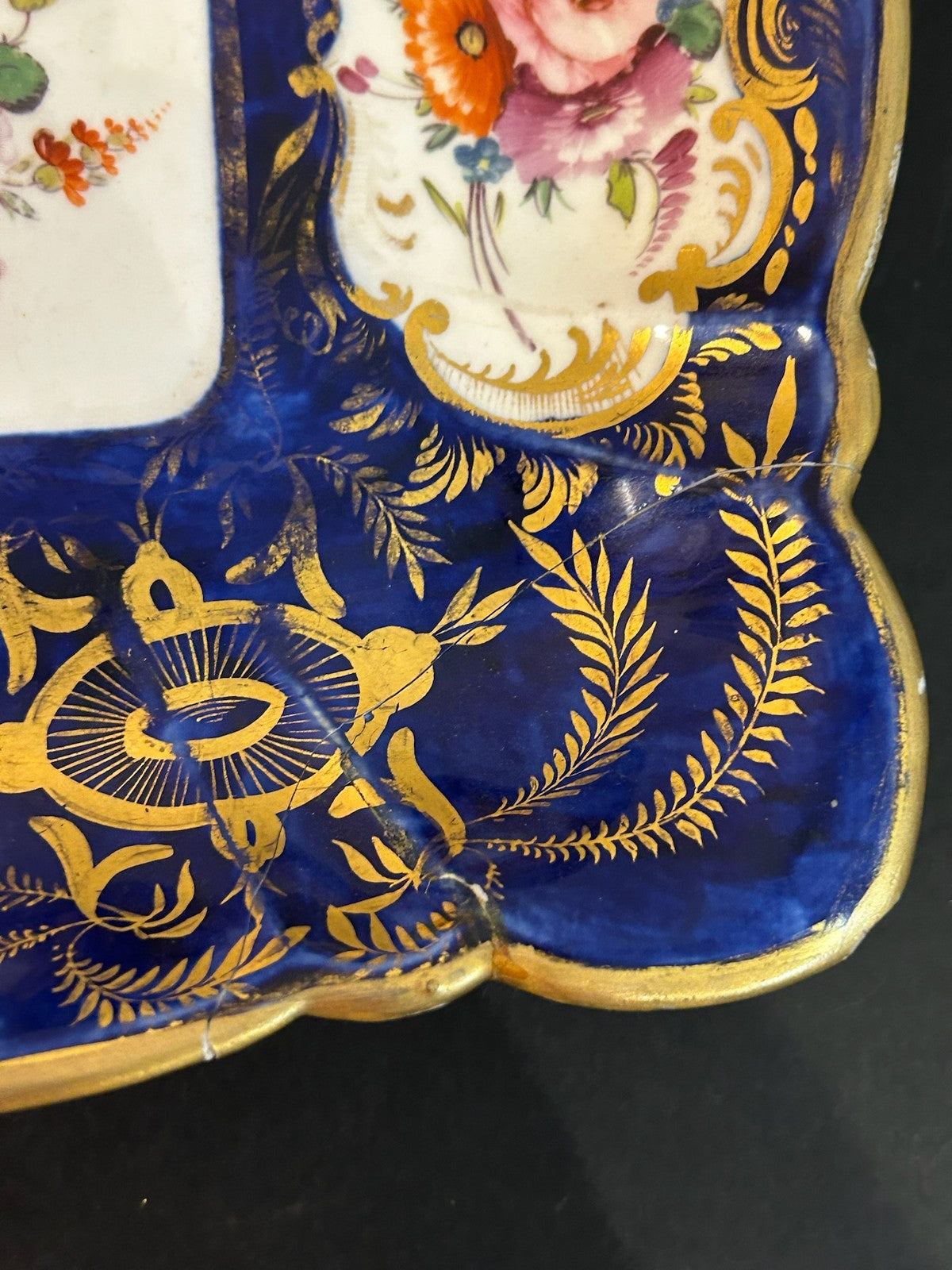 Antique English Porcelain Square Dish Cobalt Gilt Hand Painted Flowers A/F4
