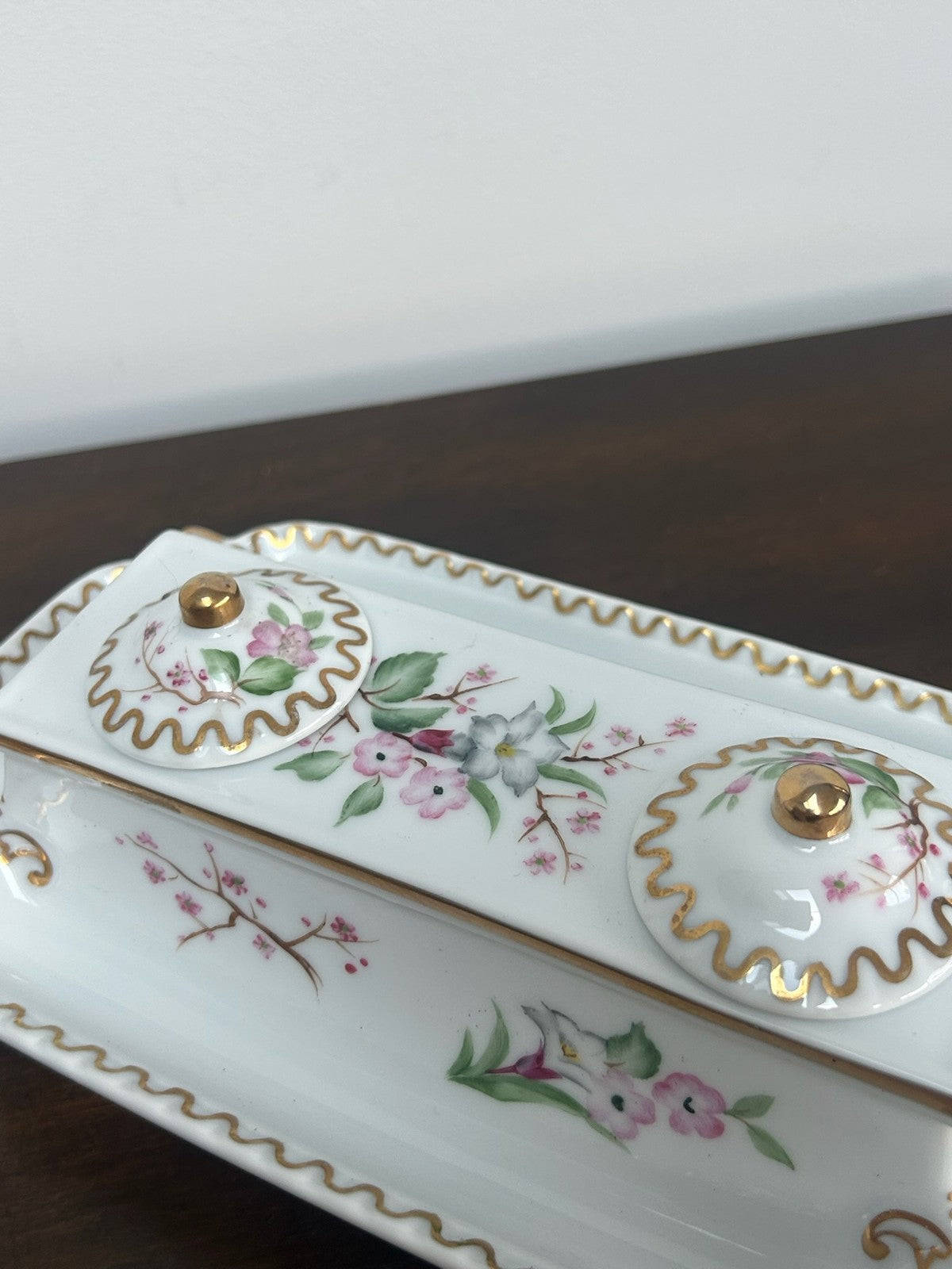 Continental Porcelain Inkstand Pen Tray Prunus Floral Gilt with Lids7