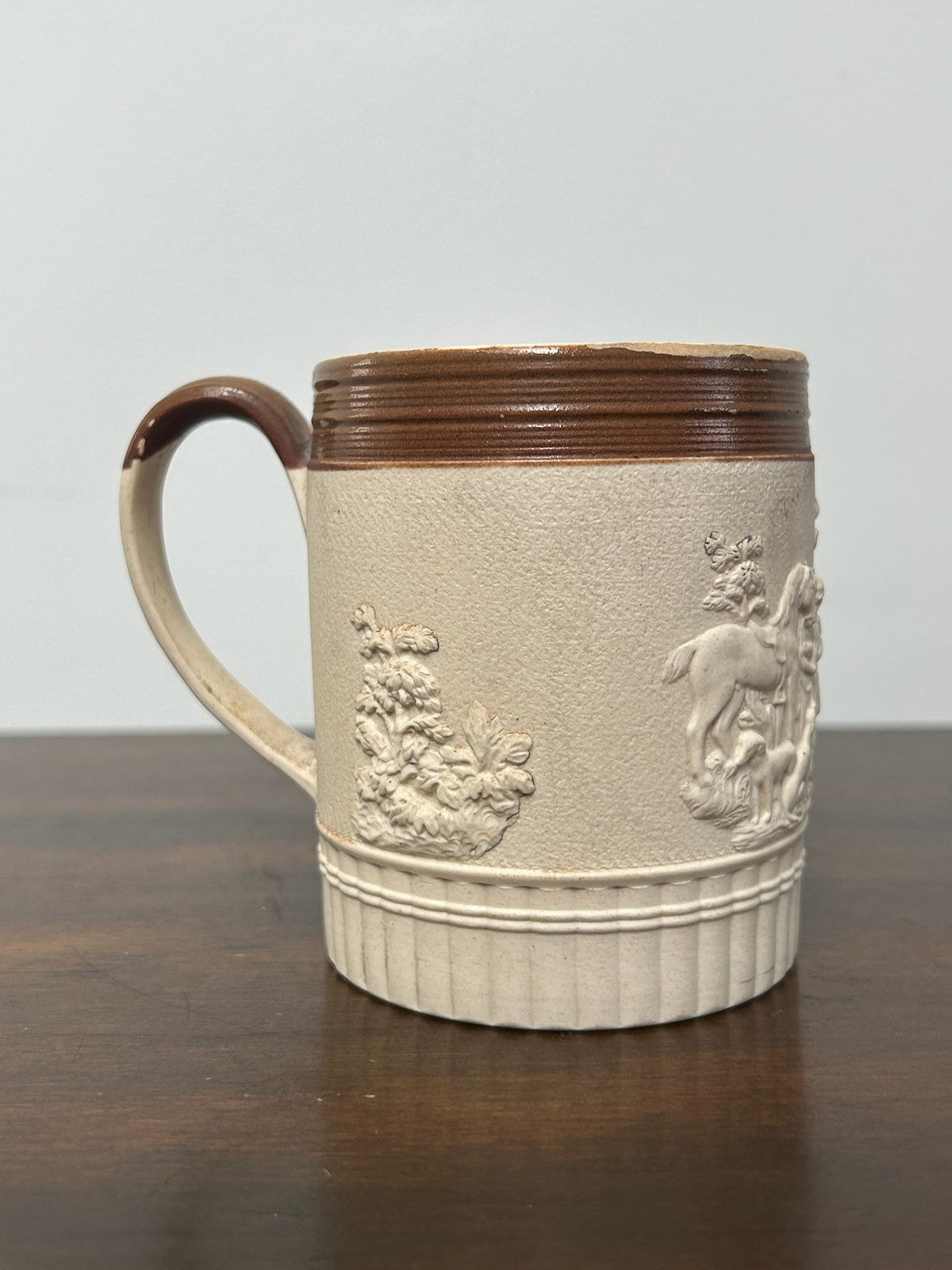 Antique Turner Stoneware Mug Hunting Relief Brown Rim Georgian c1810 Drab0