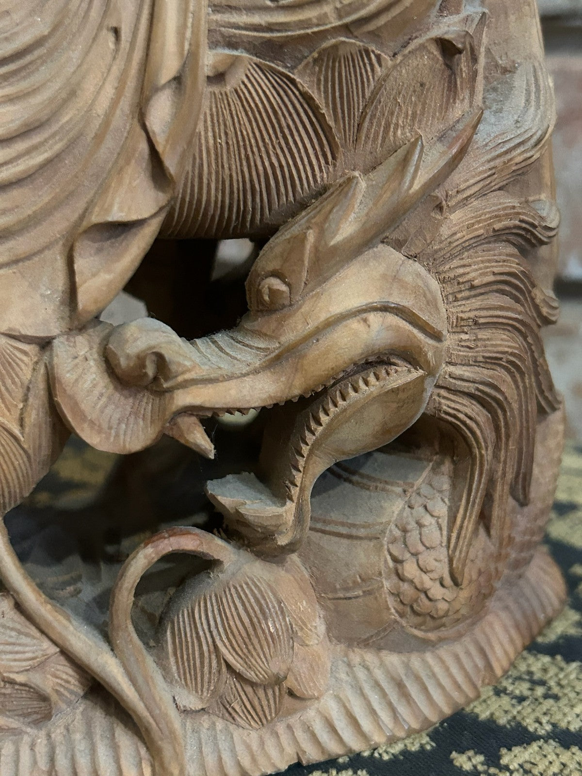 Chinese Carved Wood Guanyin Figure Group Dragons Lotus Deeply Carved Panel8