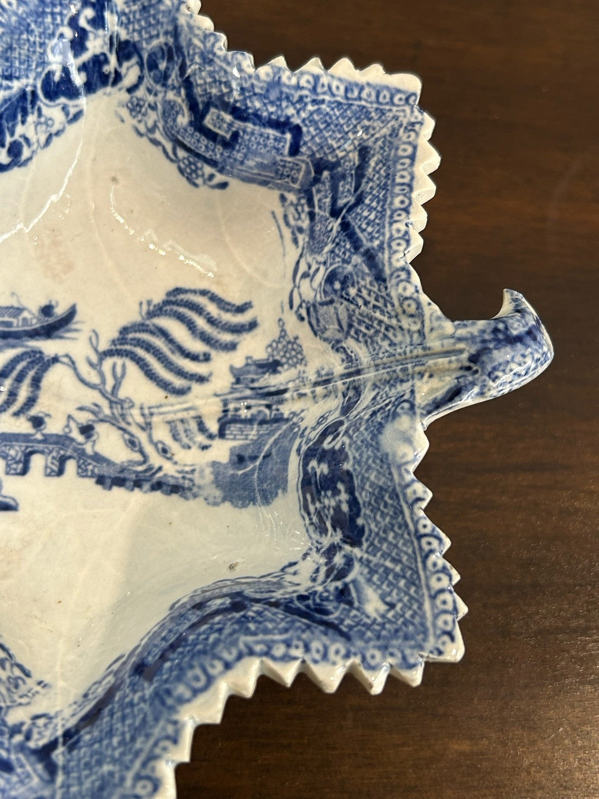 Antique 19th Century Blue White Willow Pattern Leaf Shaped Pickle Dish4