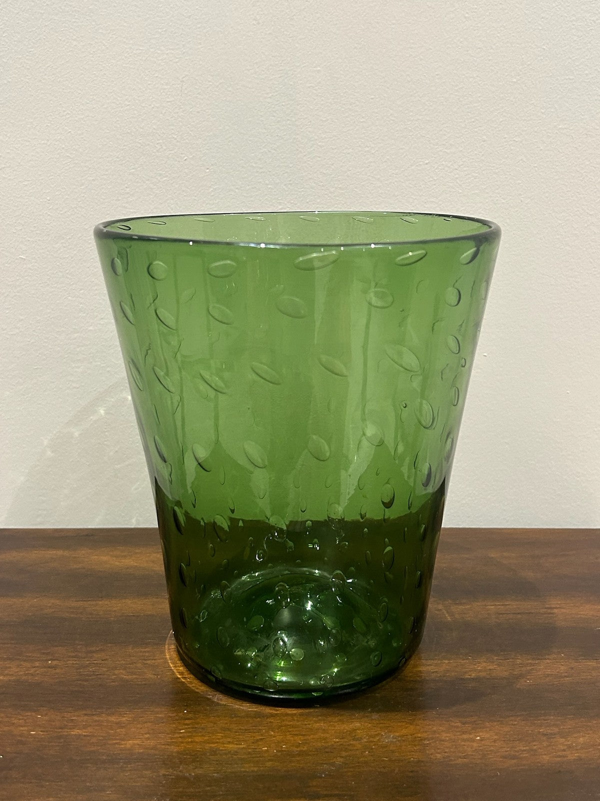 Green Art Glass Beaker Vase Controlled Bubbles Moulded Leaves0