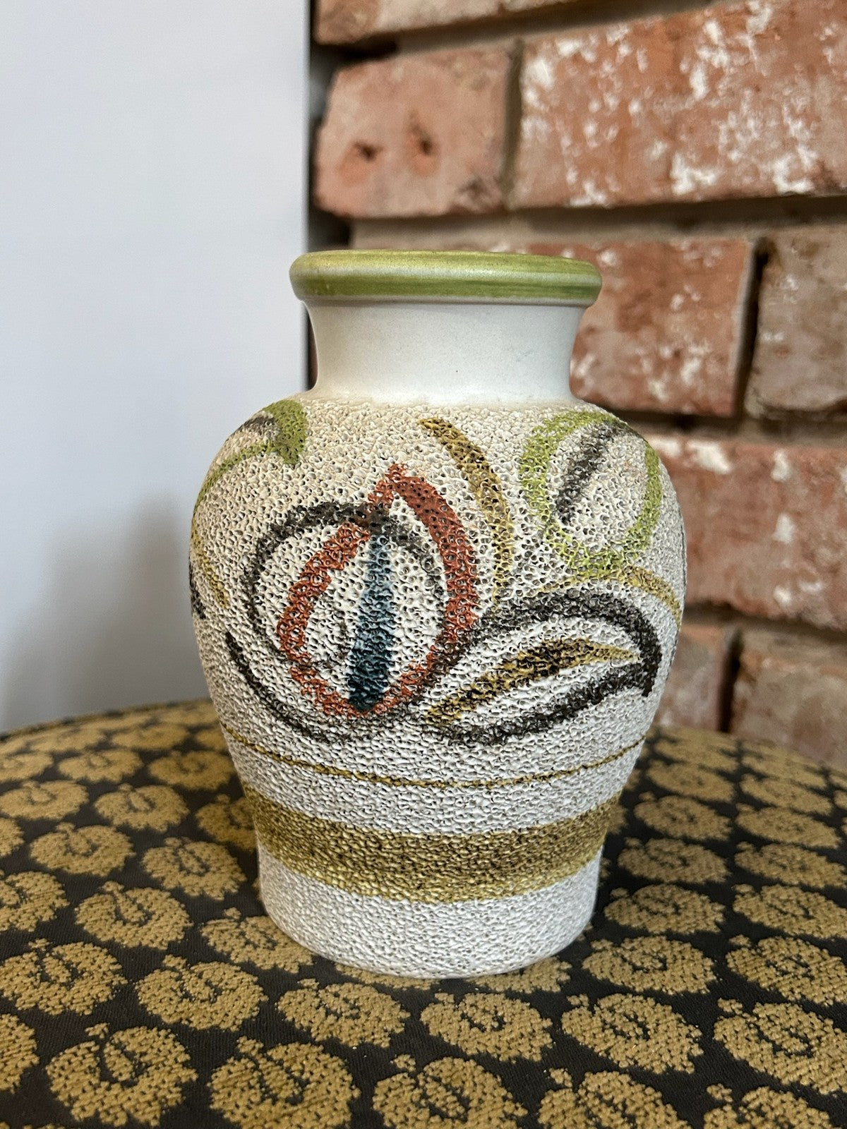 Vintage West German Style Pottery Jug Painted Stylised Flowers Textured Retro1