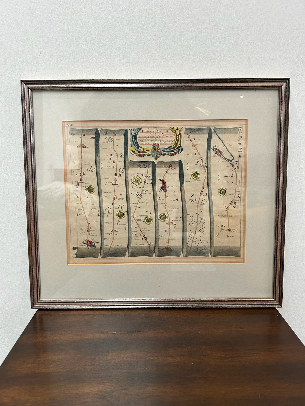 Pair John Ogilby Britannia Strip Road Maps Norfolk c1675 Hand Coloured Framed0