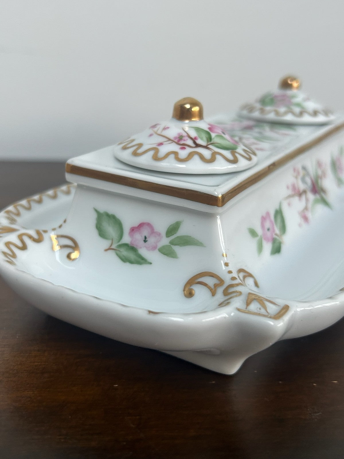 Continental Porcelain Inkstand Pen Tray Prunus Floral Gilt with Lids5