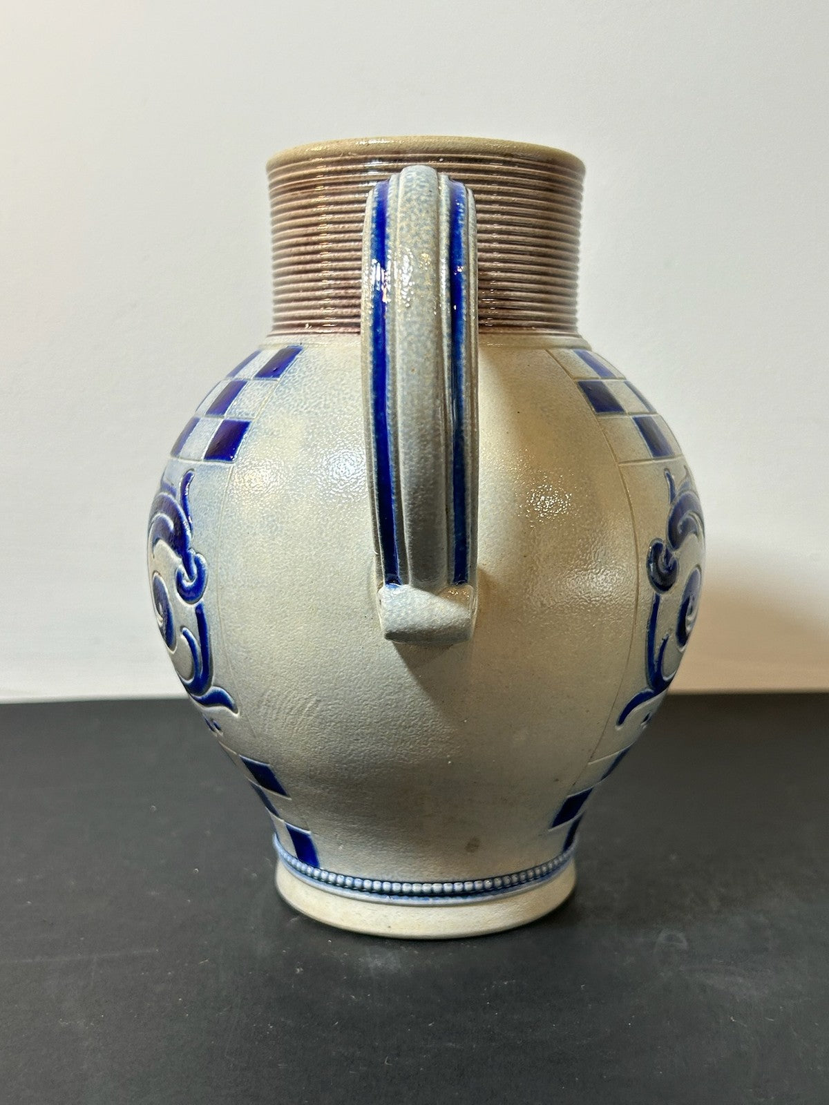 Westerwald Style Salt Glaze Stoneware Jug GR Medallion Cobalt Chequer 19cm2