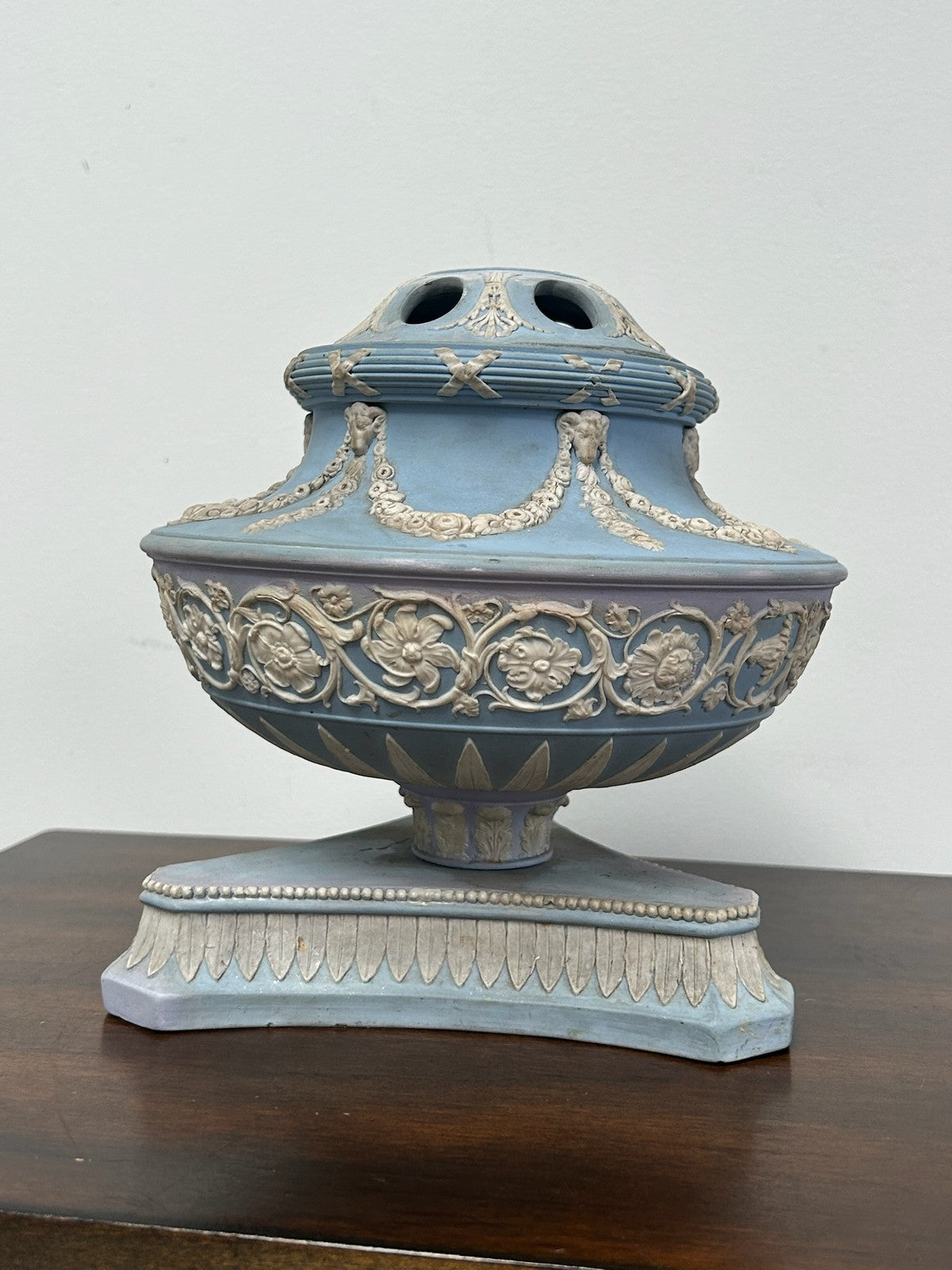 Wedgwood Pale Blue Jasper Pot Pourri Vase Pierced Cover Tripod Plinth1