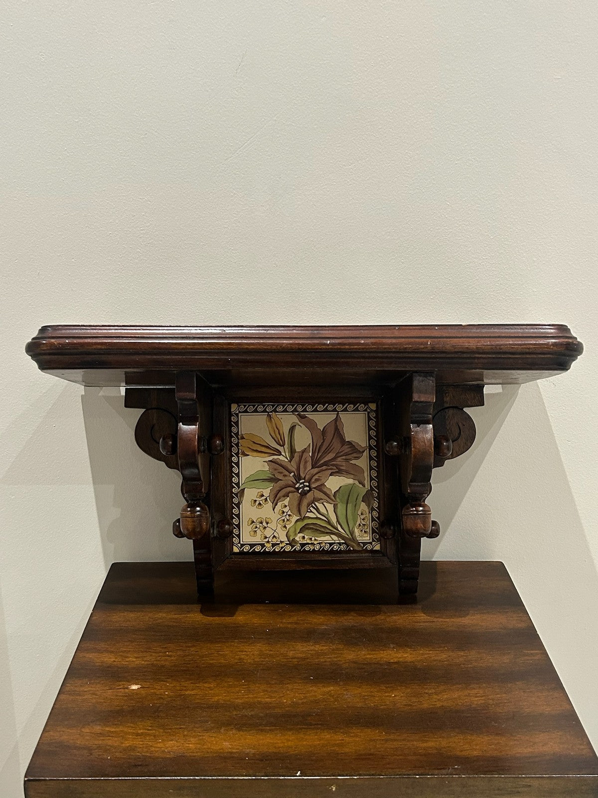 Carved Wood Wall Bracket Shelf Inset Victorian Lily Tile0