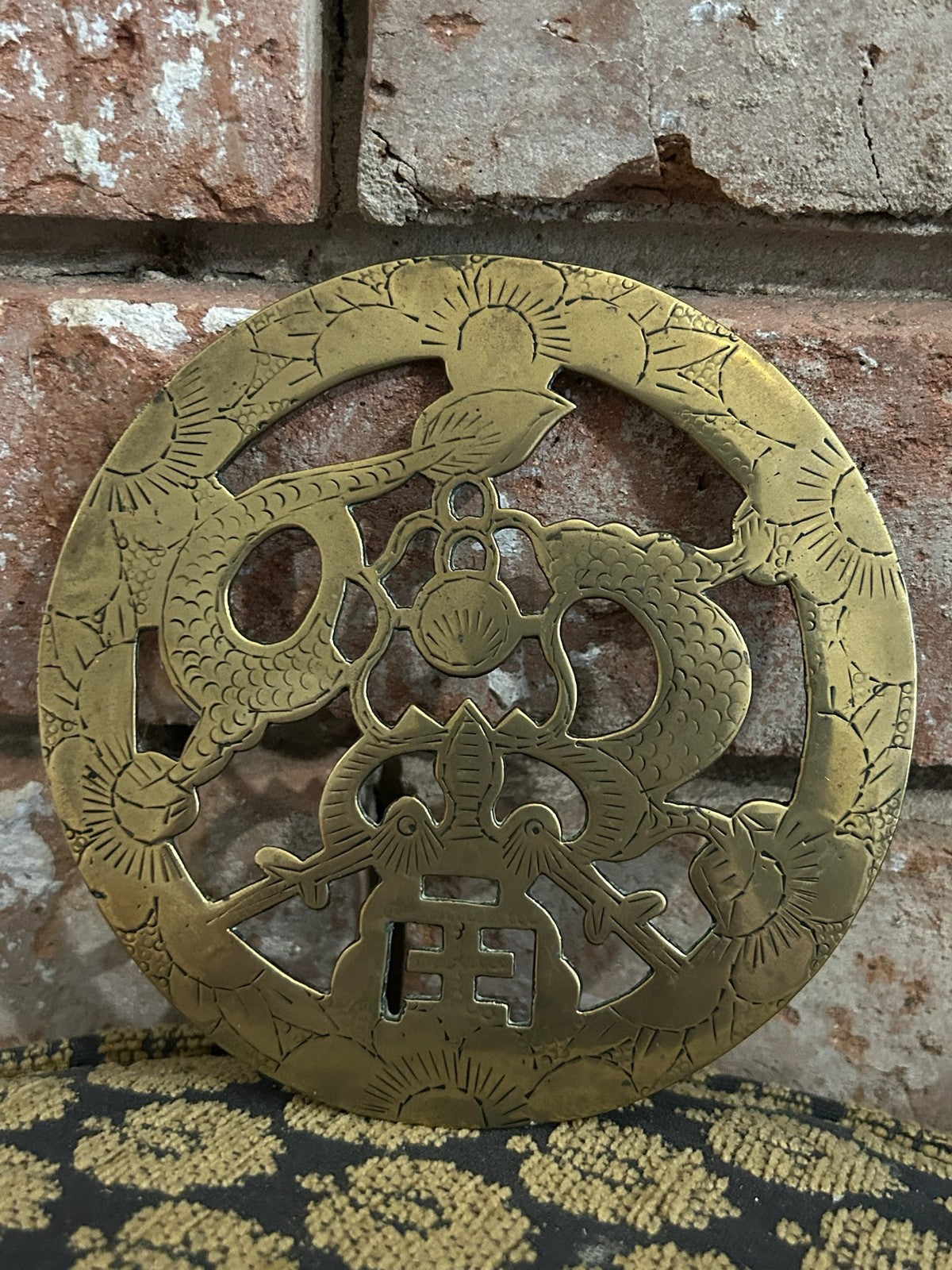Vintage Pierced Brass Trivet Kettle Stand Ornate Openwork Fireside0