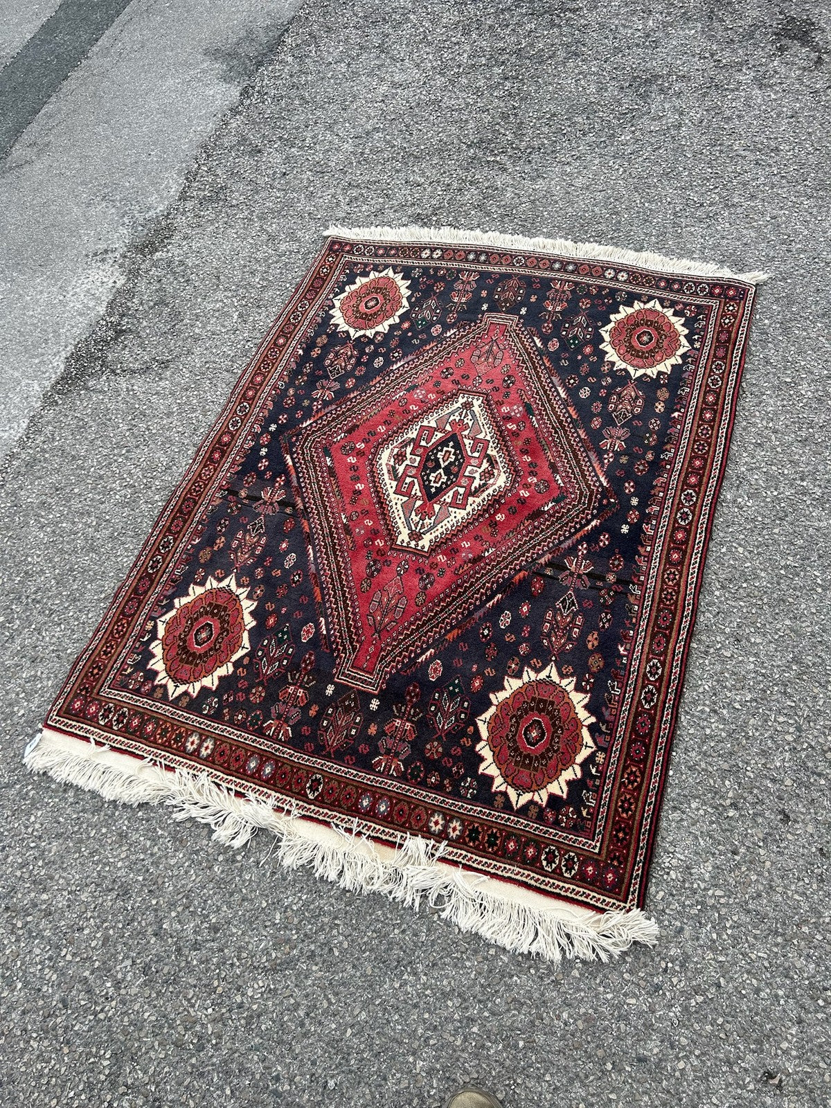 Vintage Oriental Rug Red Navy Central Medallion Floral Pattern Wool Fringed1