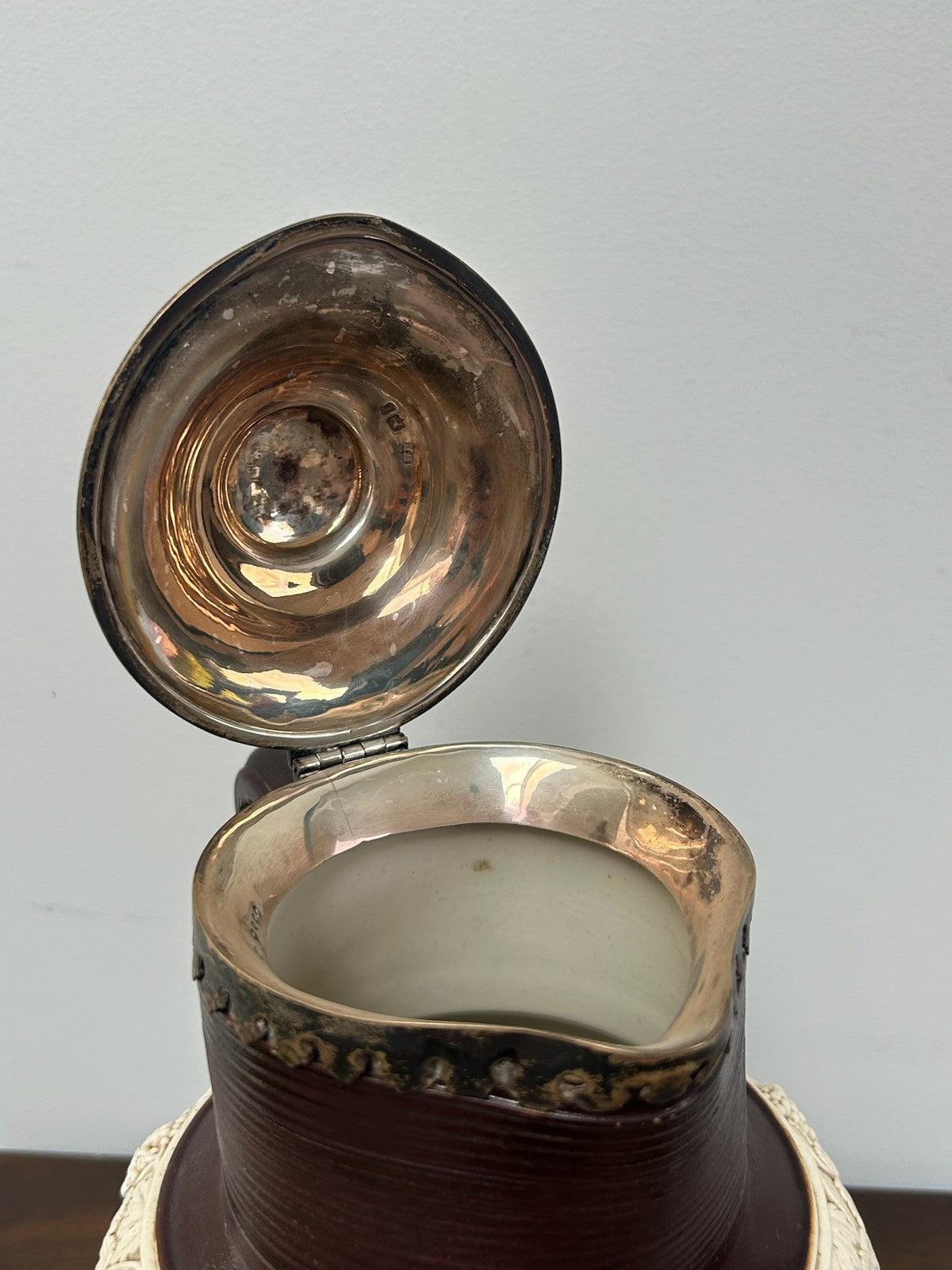 Large Turner Stoneware Jug Silver Lid 23cm Sprigged Relief Georgian c18005