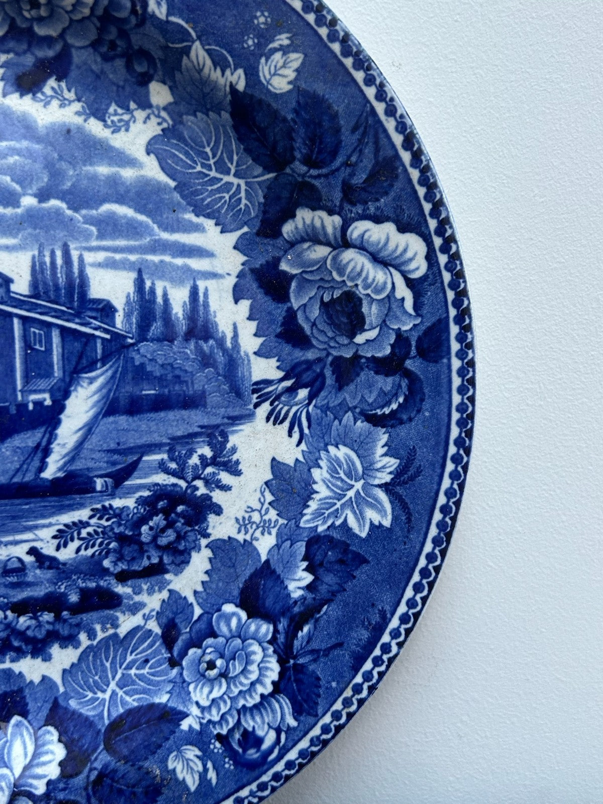 Antique Staffordshire Dark Blue Transferware Plate c1820 Castle Ruins Floral3