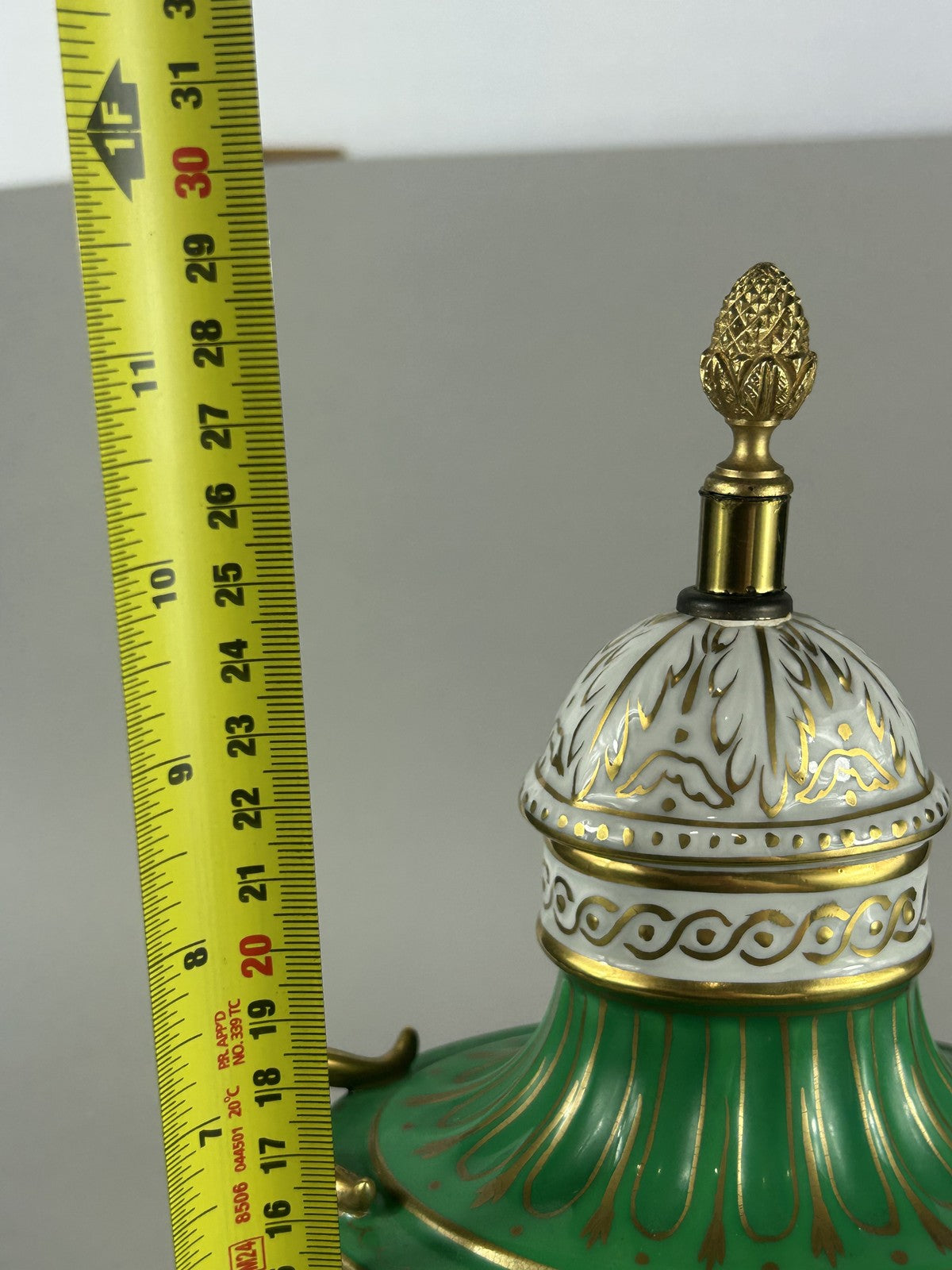 Dresden green porcelain ram’s head lamp base vase with finial