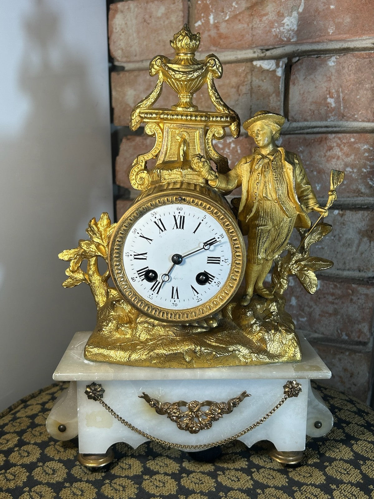 Antique French Gilt Metal Figural Mantel Clock White Marble Base Bell Strike1