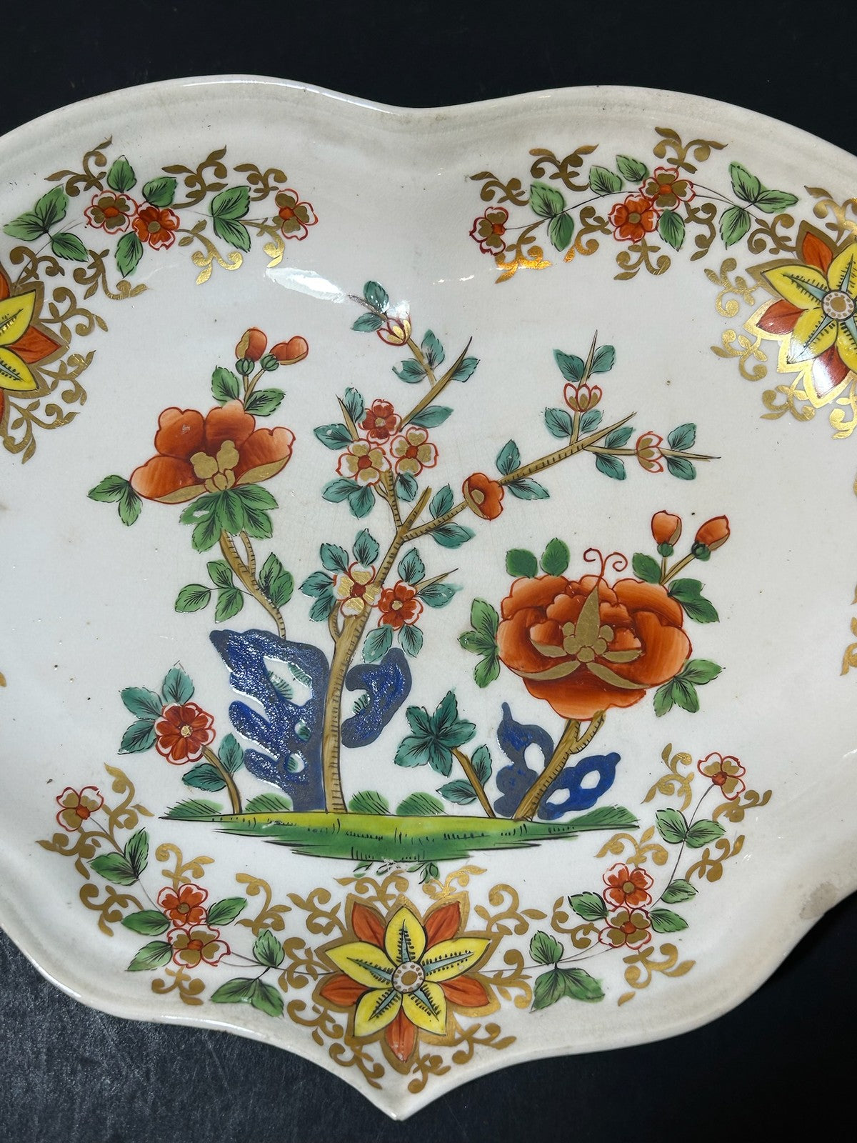 Antique Derby Porcelain Heart Shaped Dessert Dish Painted Flowers Red Mark AF2