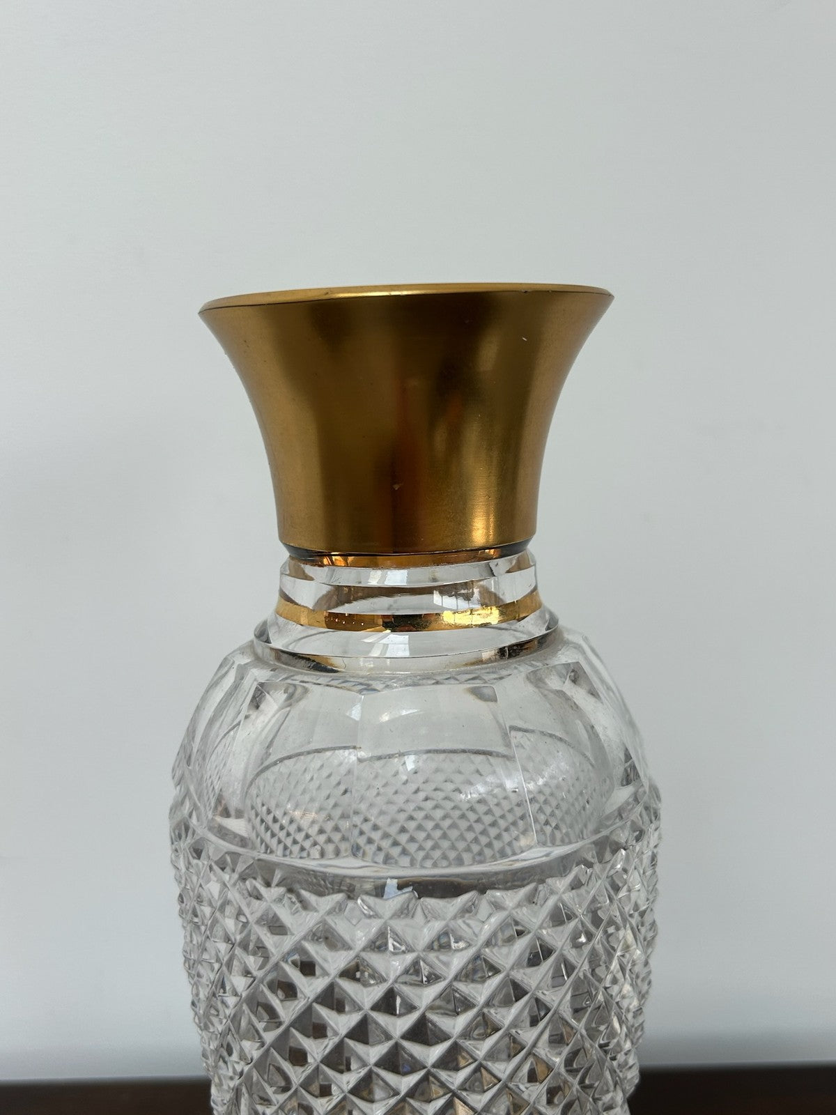 Bohemian Diamond Cut Crystal Vase Gilt Mounted Rim & Foot 25cm3