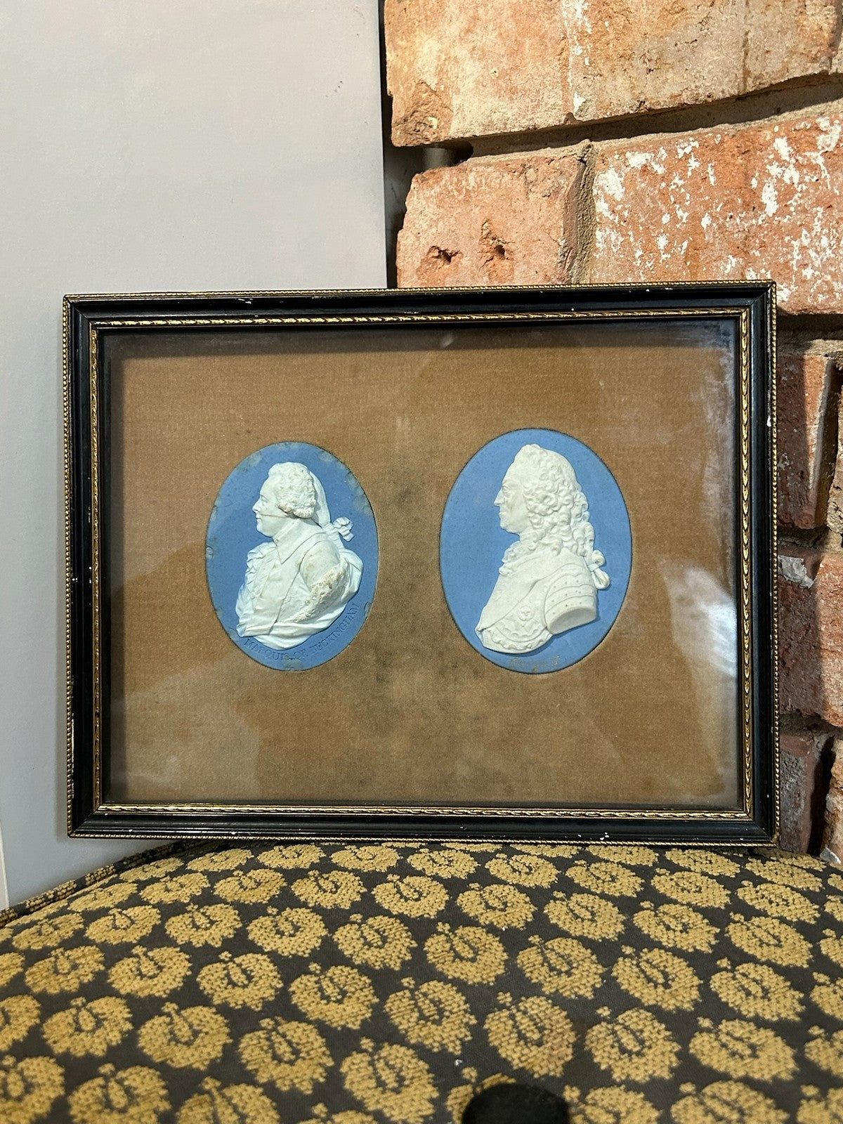 Pair Framed 18th Century Wedgwood Blue Jasper Portrait Medallions Marquis1