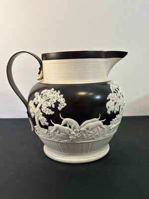 Antique Dipped Stoneware Jug White Sprigged Trees Figures Chocolate Ground