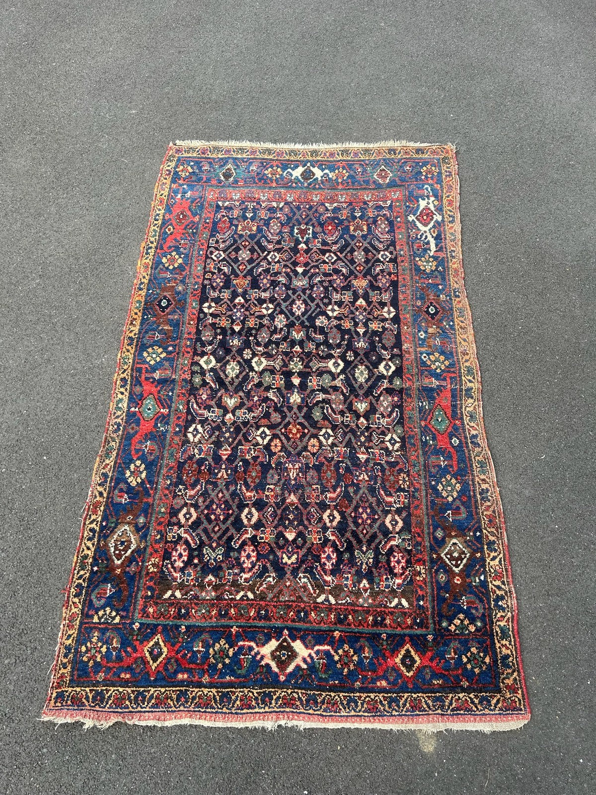 Antique Oriental Hand Knotted Herati Wool Rug Indigo Red Tribal c.1900 210x120cm1