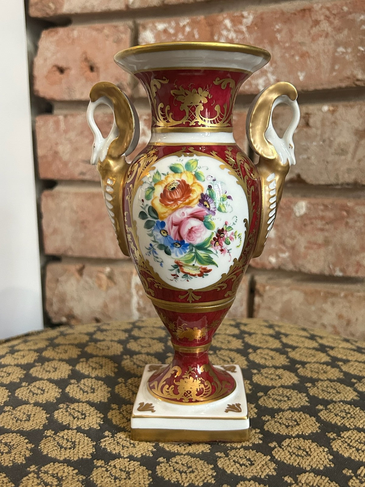 Le Tallec Paris Hand Painted Porcelain Twin Handled Urn Vase Maroon Gilt Floral1
