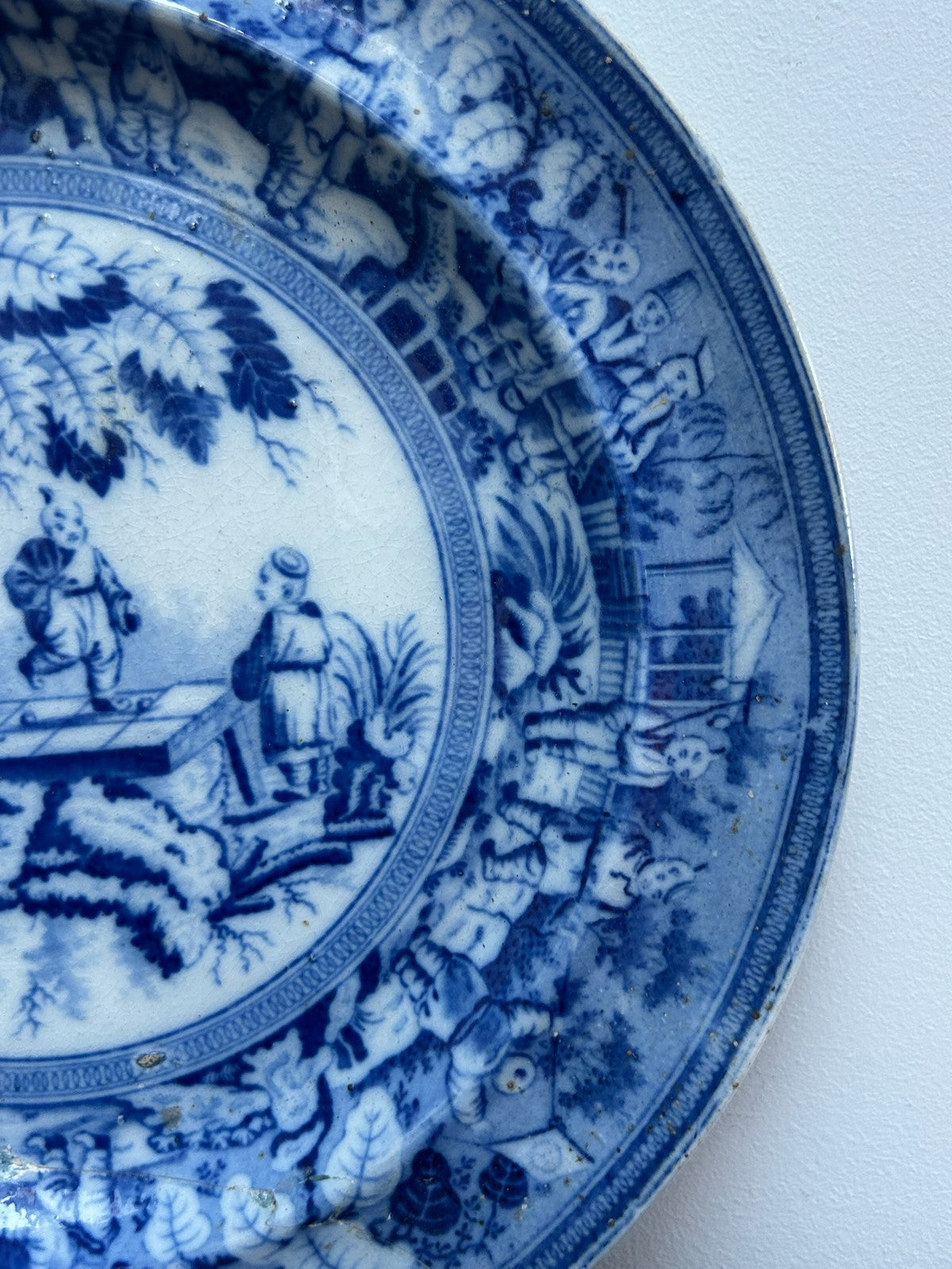 Antique Staffordshire Blue White Plate Figural Scene Poss Minton c1825 Transfer4