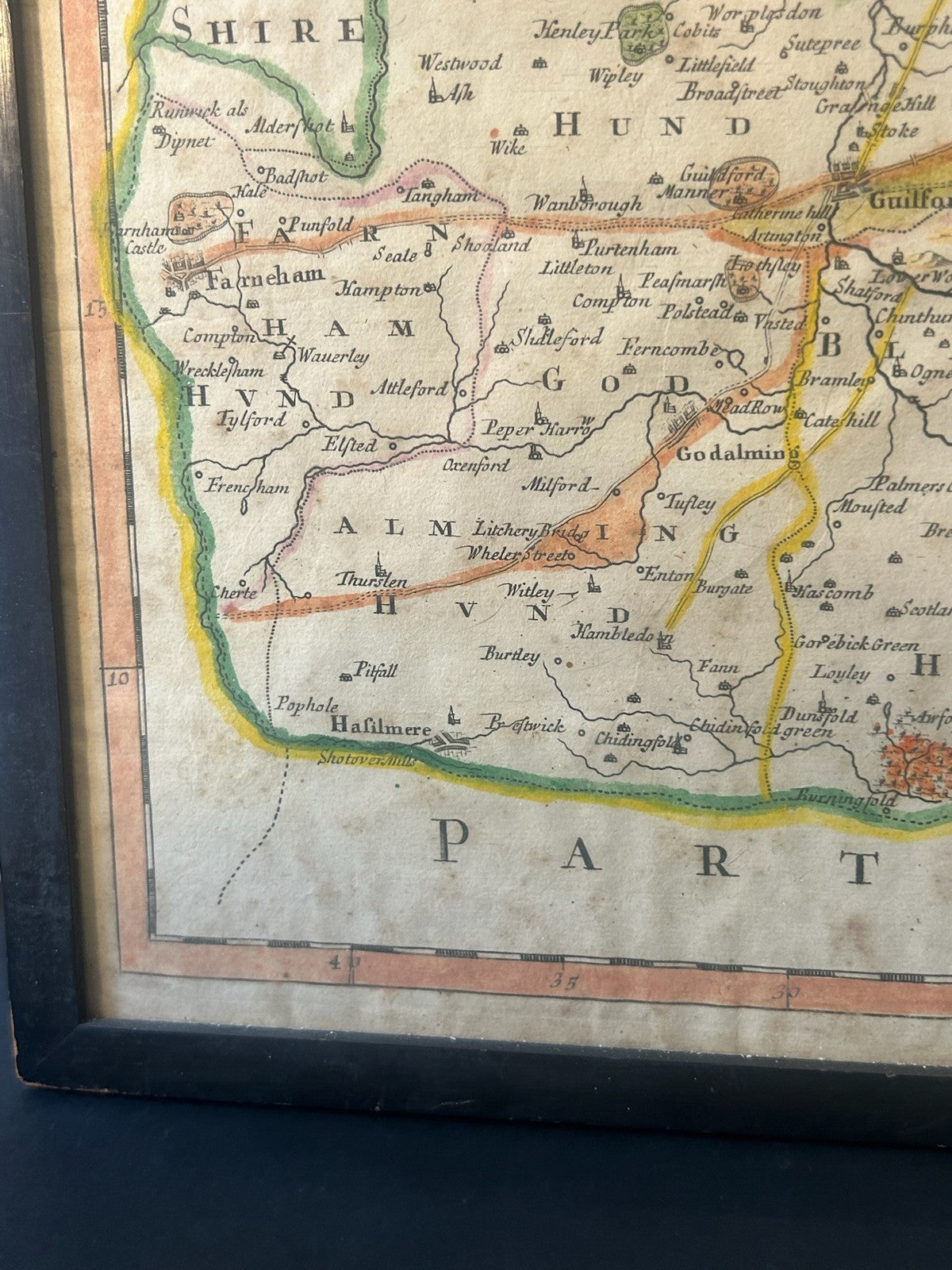 Antique Surrey Map Robert Morden Camden Britannia c.1695 Hand Coloured Framed2