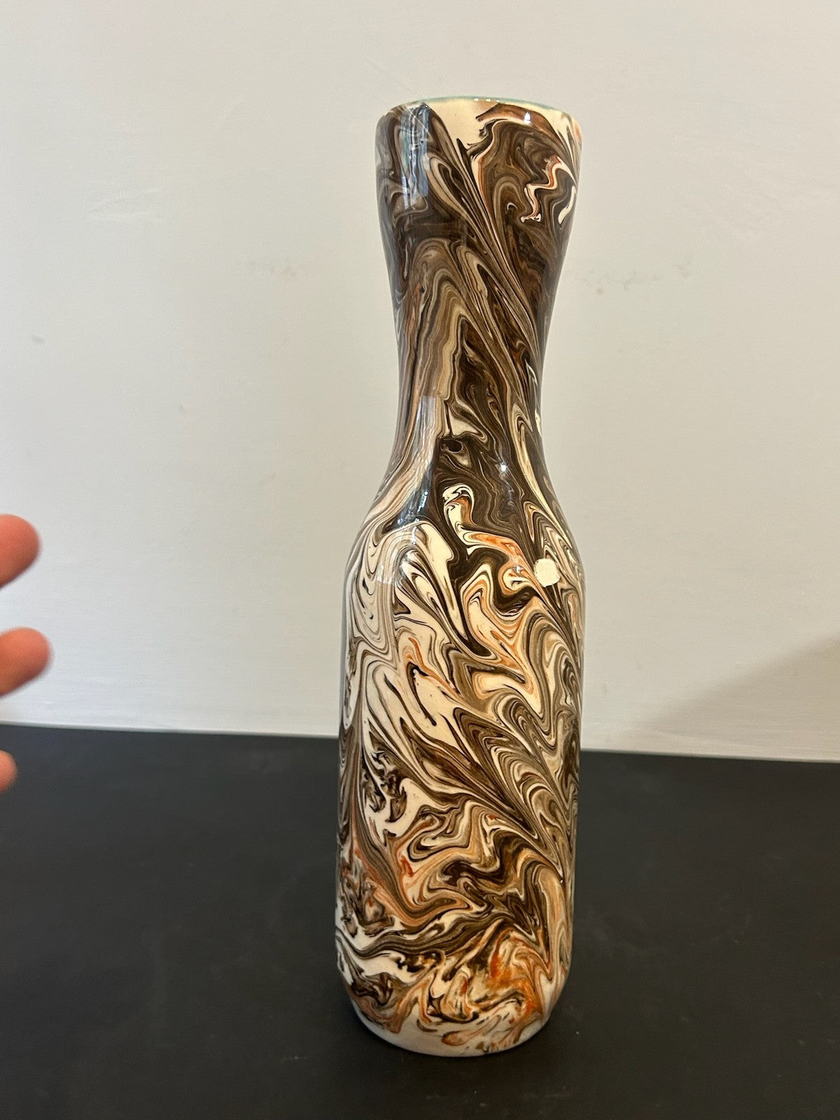 1960s Italian Marbled Agate Pottery Bottle Vase Brown Cream Swirl 28cm2