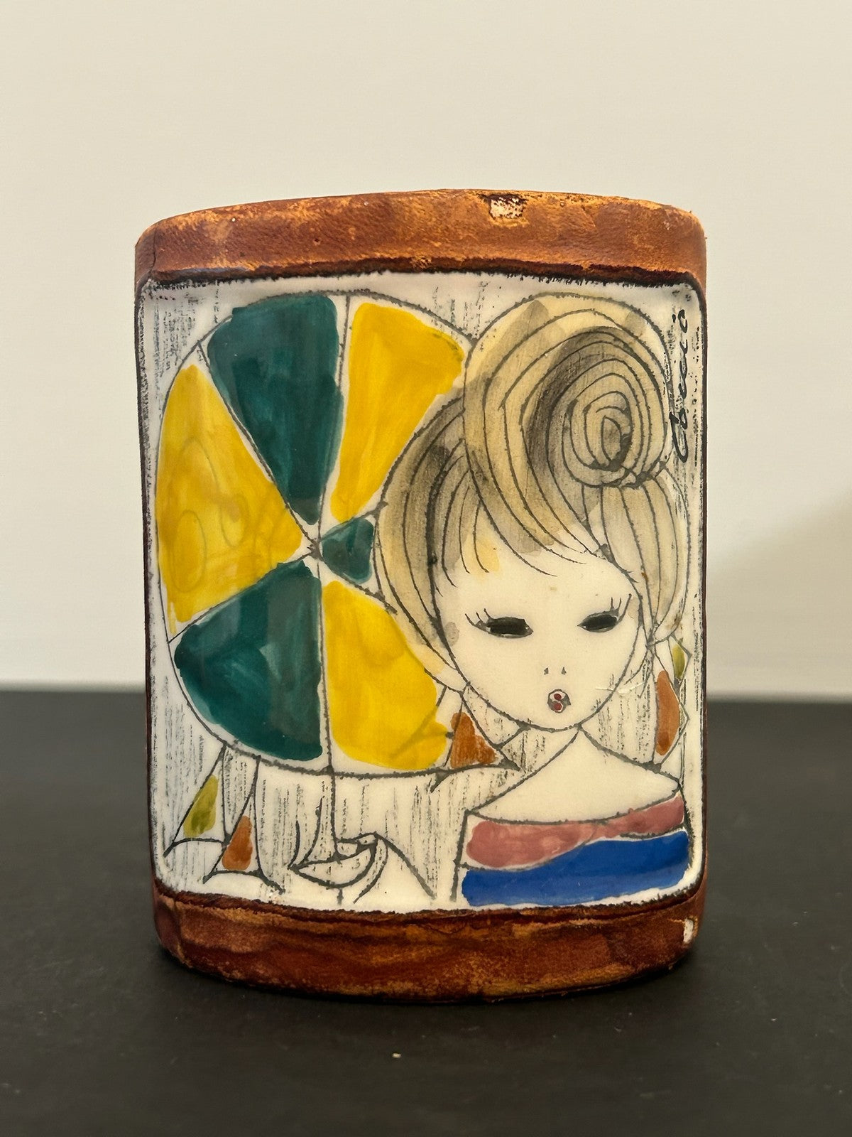 Pair 1960s Italian Pottery Pots Hand Painted Girls Sgraffito Scanware 9.5cm6