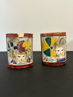 Pair 1960s Italian Pottery Pots Hand Painted Girls Sgraffito Scanware 9.5cm