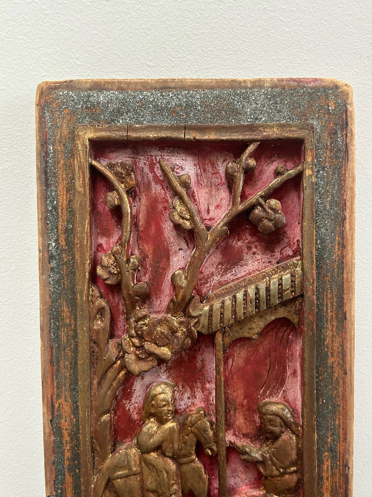Chinese Carved Gilt Red Lacquer Figural Panel Antique Qing 19thC1