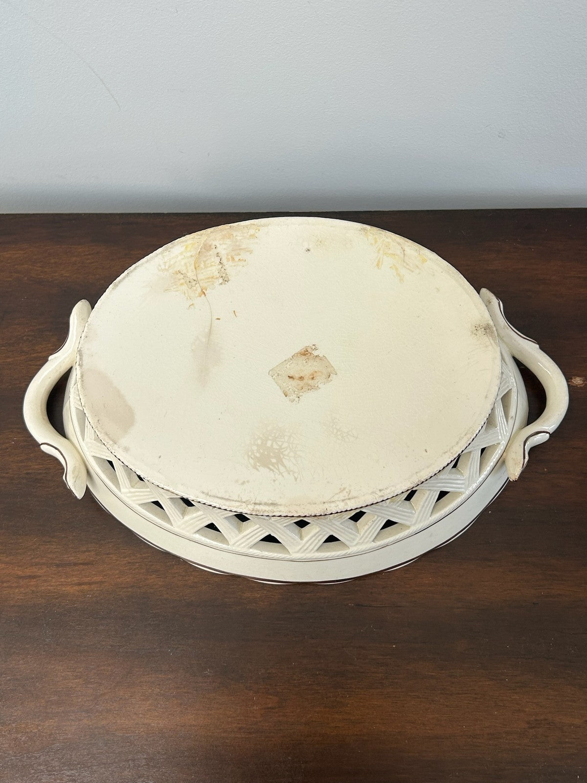 Antique Creamware Twin Handled Pierced Oval Basket A/F10