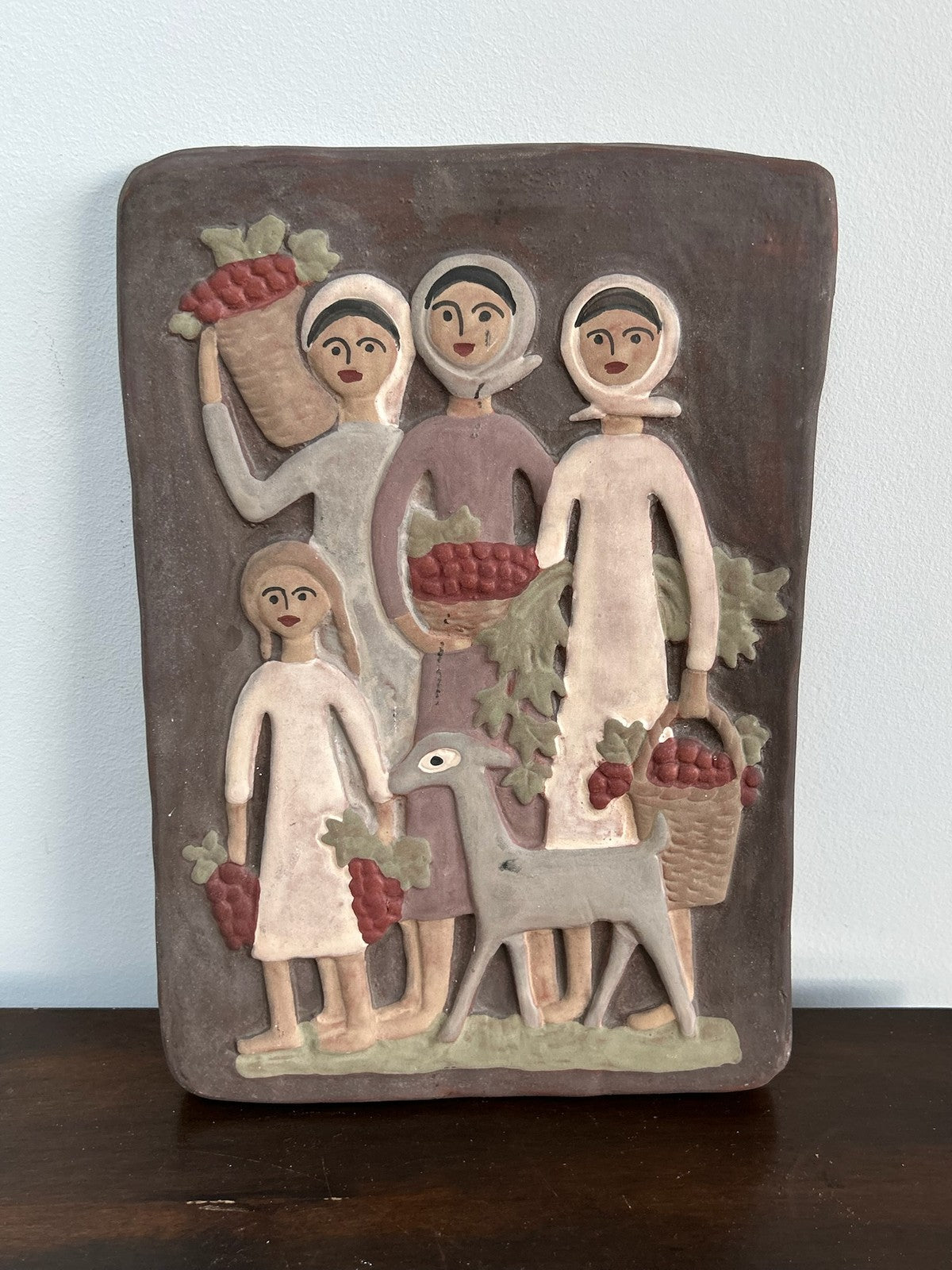 Mid Century Studio Pottery Wall Plaque Figures & Deer Scandinavian0