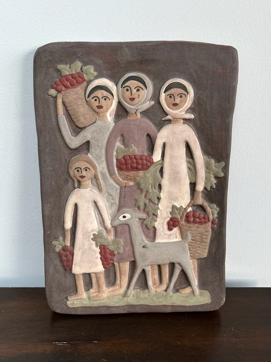 Mid Century Studio Pottery Wall Plaque Figures & Deer Scandinavian0