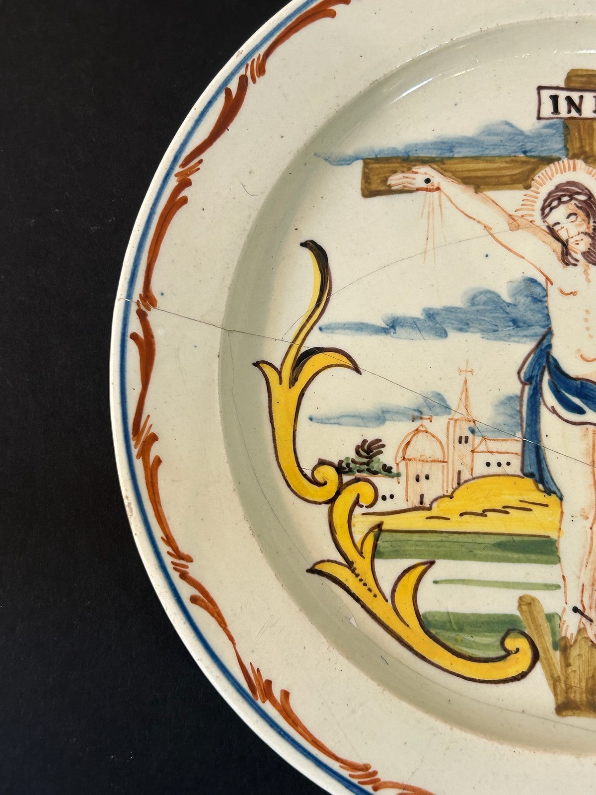 Antique Faience Tin Glazed Plate Hand Painted Crucifixion INRI Restored 22cm1