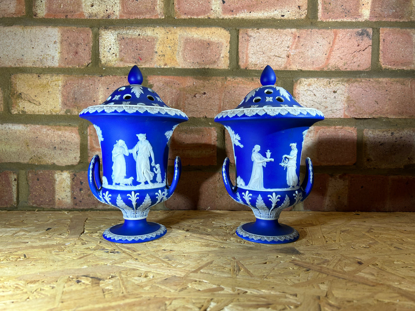 Wedgwood Pair Blue Potpourri Campana Urn Vases