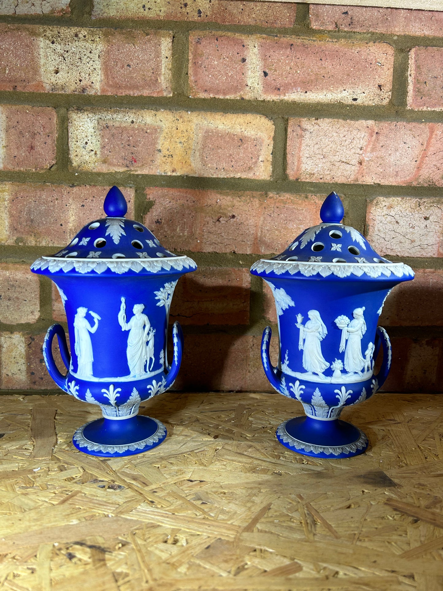 Wedgwood Pair Blue Potpourri Campana Urn Vases